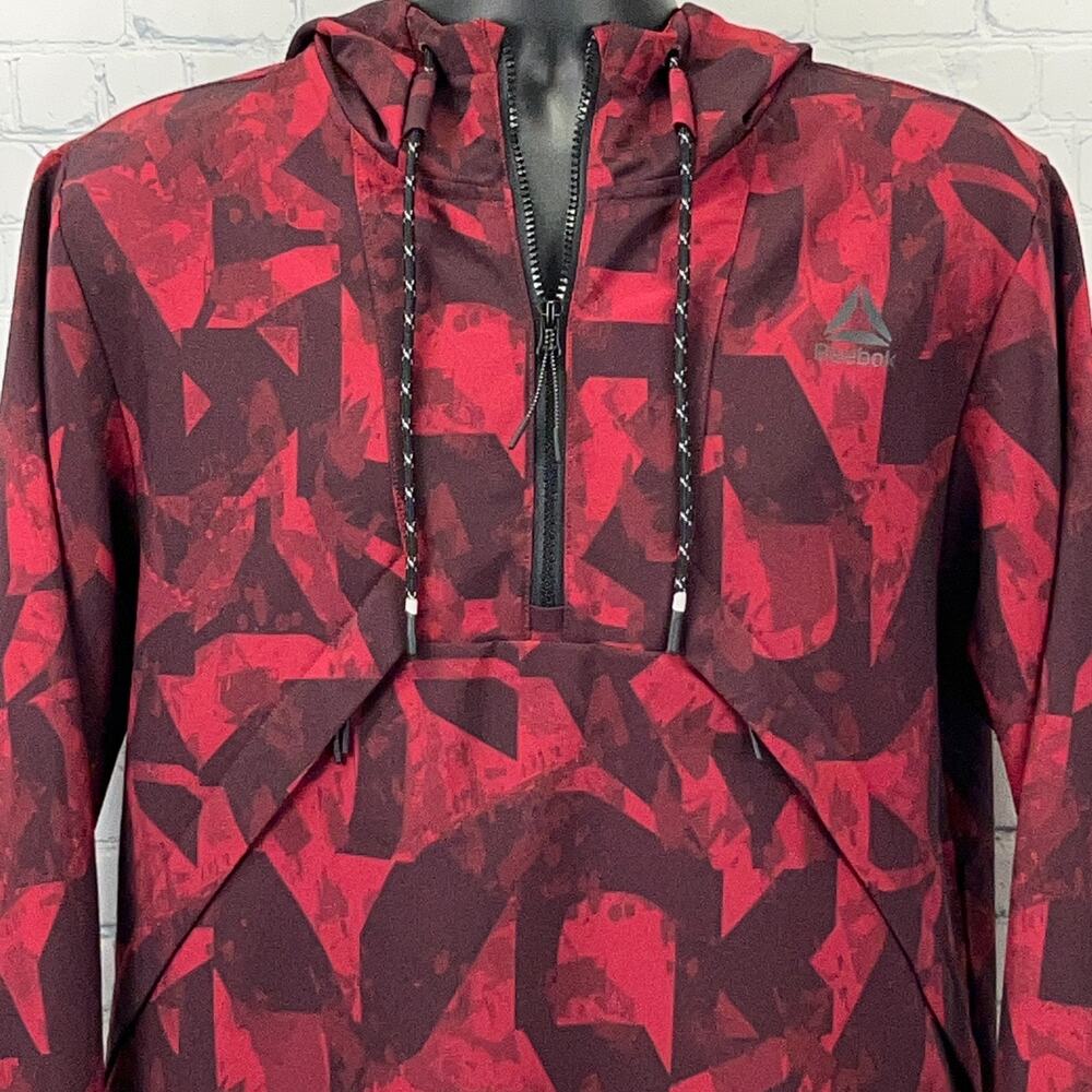 Reebok Half 1/2 Zip Anorak Hoodie Hooded Jacket Windbreaker Pockets Red M Medium